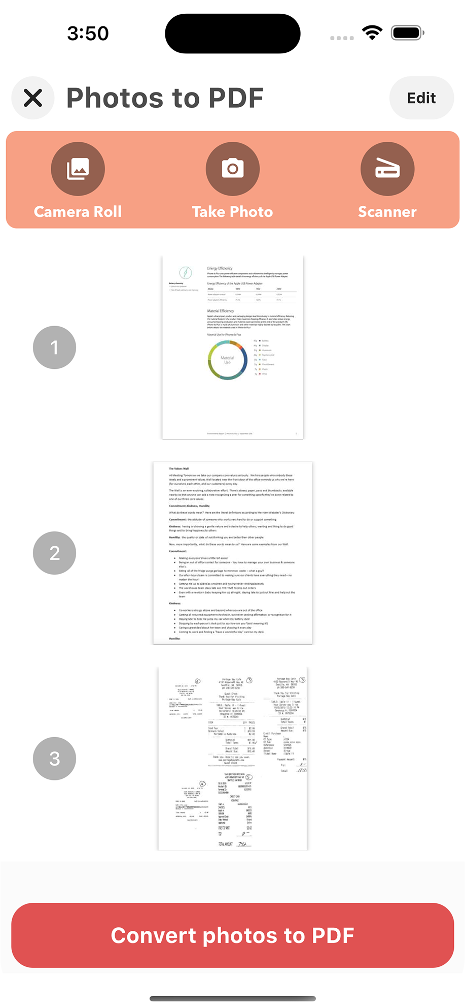 Photos to PDF screen